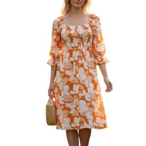 Sugar + Lips‎ Floral Smocked Midi Dress Small Orange White Cottagecore Boho